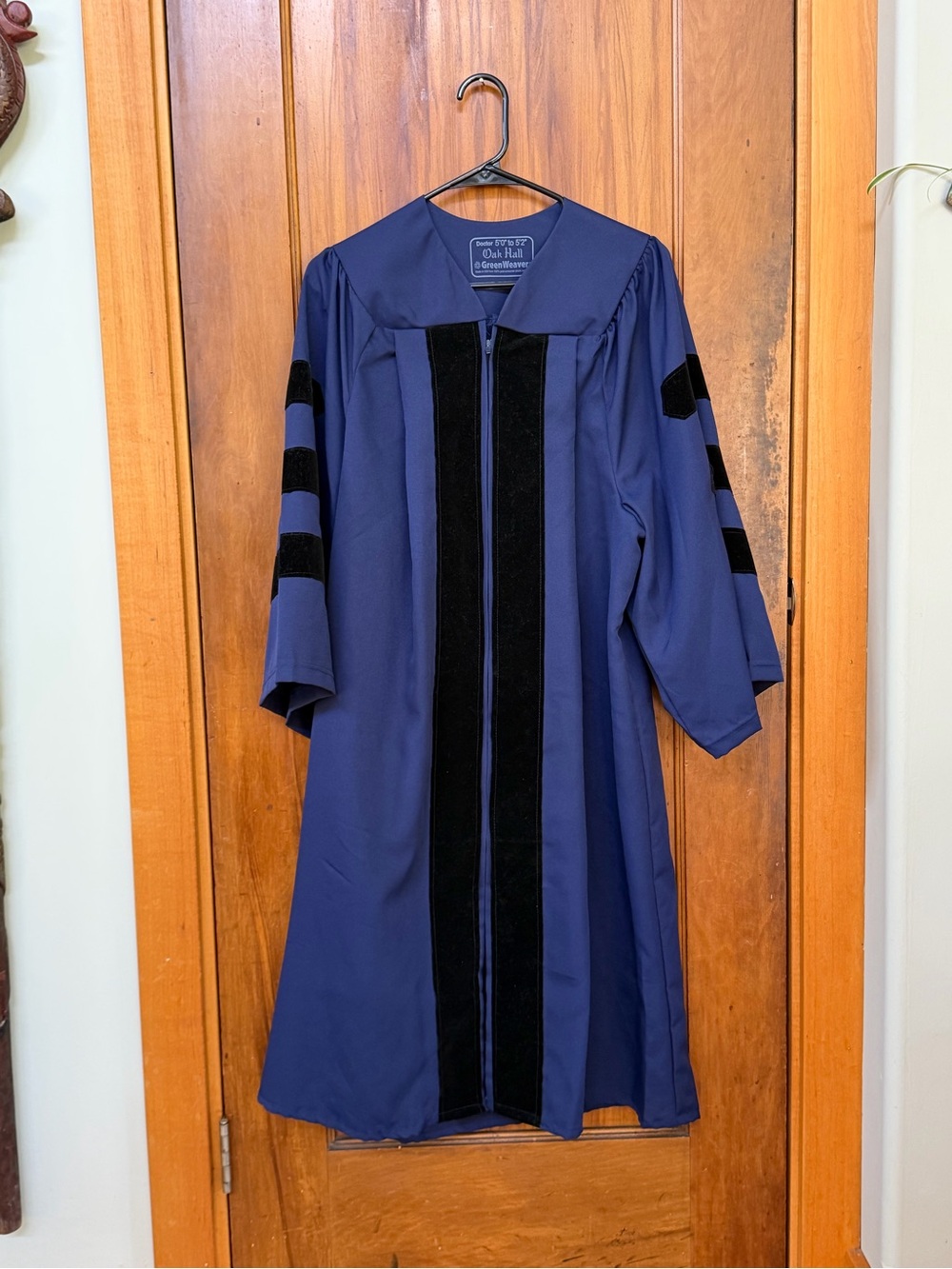 Doctorate Bright Blu Graduation Robe, Black Velvet Trim, Gold Hood, Hexagon Hat